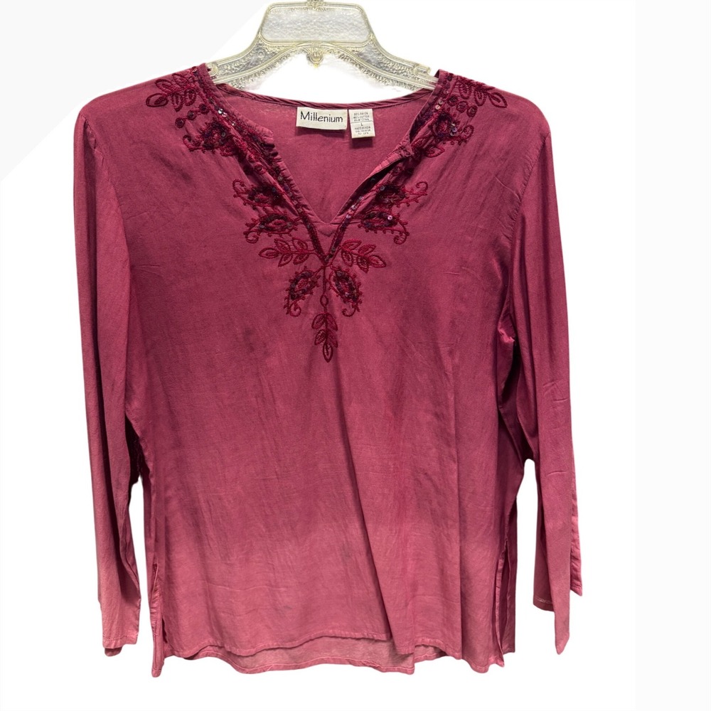 Millenium Womens Large Burgundy Ombre Long Sleeve Blouse Embroidered Lace Detail